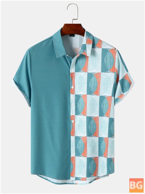 Geometric Short Sleeve Men's Shirt with Front Button Splicing