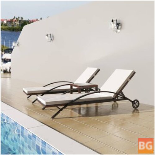 2 Sun Loungers with Table and Rattan Brown