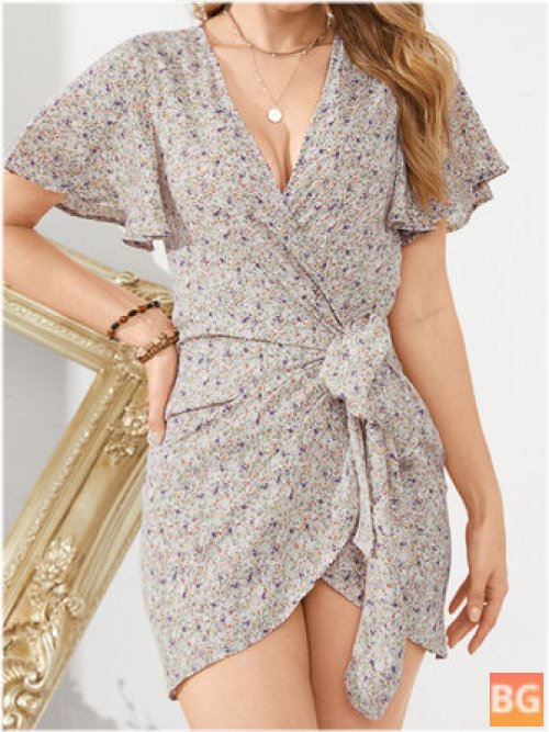 Daily Casual Floral Wrapped Dress Short-Print Mini Dress