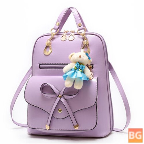 PU Leather Backpack for Women - School Bag, Bear Pendant, Laptop Bag
