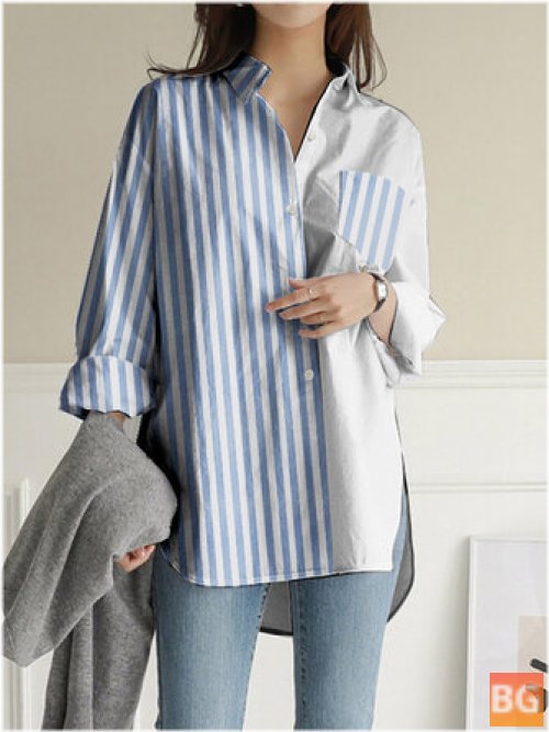 Women Stripes Patchwork High Low Split Hem Casual Shirts