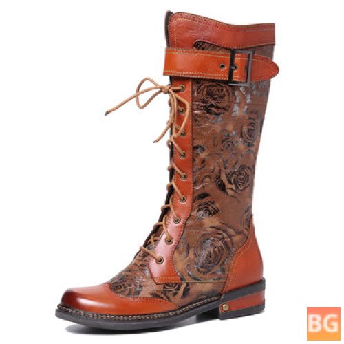 Buckle Boot with Rose Pattern - Genuine Leather
