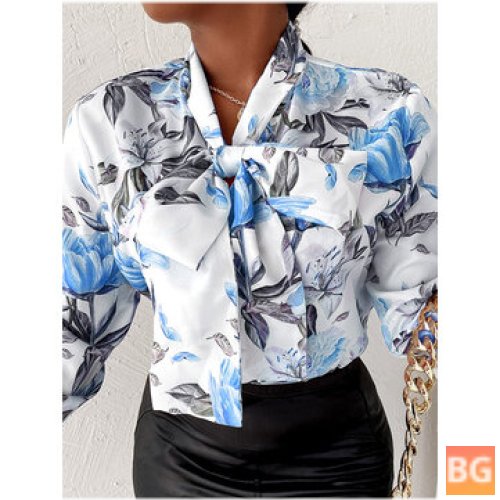 Long Sleeve Butterfly Knot Blouse - Floral Print