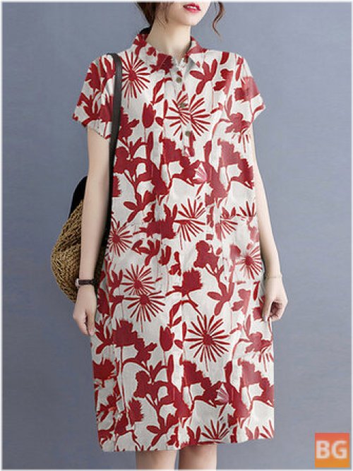 Lapel Midi Dress with Plant Print & Pocket