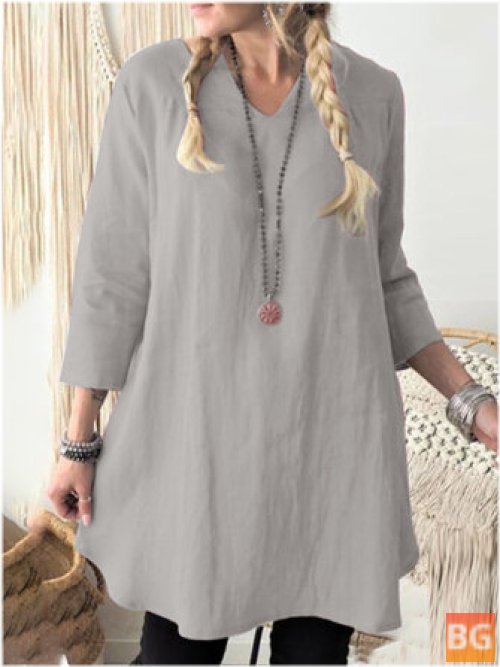 Solid V-neck Cotton Blouse with 3/4 Sleeves