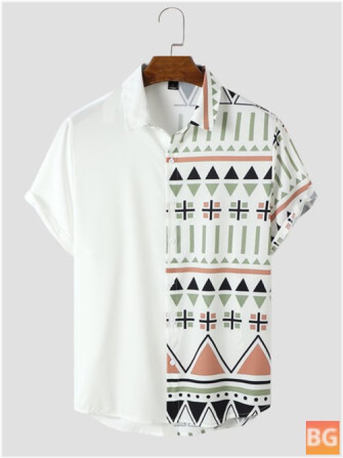 Two-Tone Ethnic Men's Short Sleeve Shirt with Front Buttons