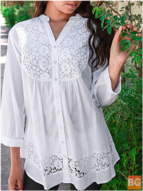 3/4 Sleeve Button Front Blouse with Lace Panel