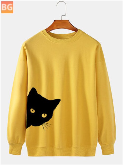 Black Cat Print 100% Cotton Crew Neck Casual Sweatshirt