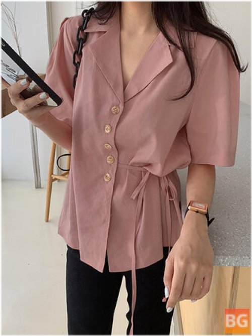 Short Sleeve Blouse with Solid Button Button Detail