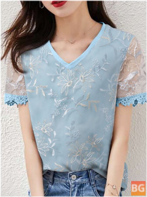 Short Sleeve Blouse with Lace Patchwork Embroidery