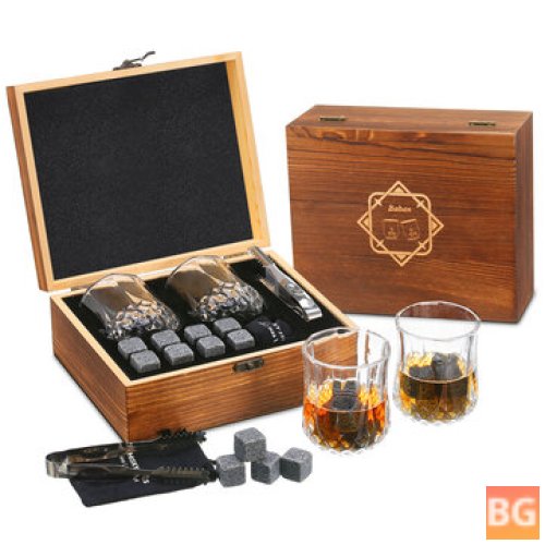 Whisky Stone Set - Baban Reusable Ice Cubes - 8 Ice Atones - 2 Whisky Glasses - Stainless Steel Clips with Fleece Bag - Wooden Gift - Best Gift for Men