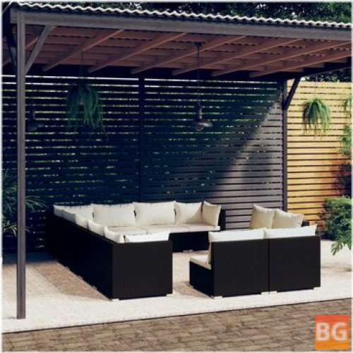 Lounge Set with Padded Rattan Cushions and Black Back Panel