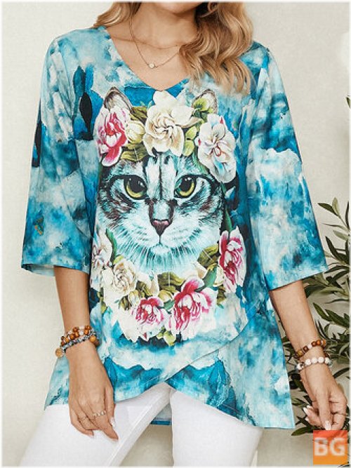 Asymmetrical Sleeve Blouse with Cat Print