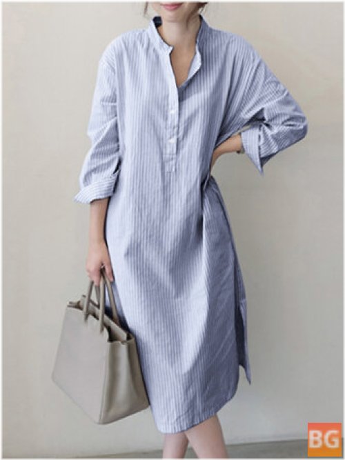 Dress with Stripe Pocket Belt Slit Hem - Long Sleeve Stand Collar