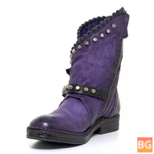 Women's Vintage Rivet Motorcycle Boot - Ladies' Round Toe Horse-shoes