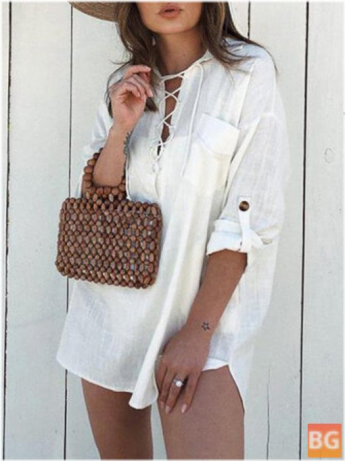 Women's V-neck Lace-Up Shirt with Casual Fit
