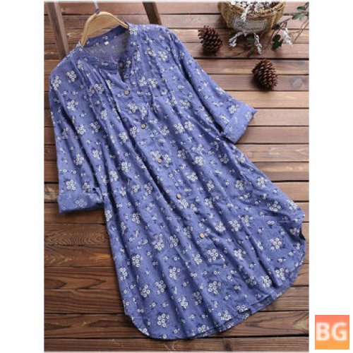 Button Stand Collar Women's Blouse with Floral Print