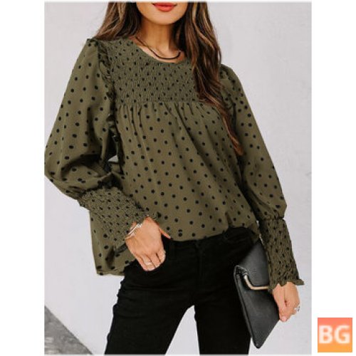 Pleated Long-Sleeve Blouse with Polka Dots