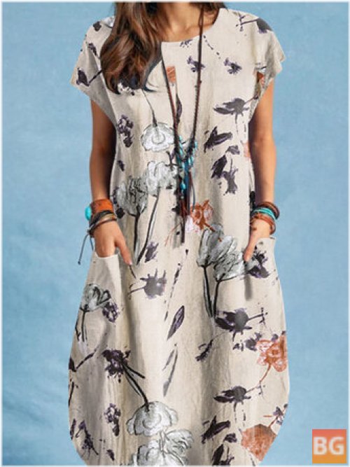 Pocket Midi Dress with Plant Print