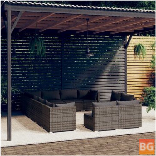 Set of 12 Lounge Chairs with Cushions and Gray Rattan