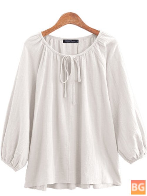 Pleated Cotton Blouse with O-Neck