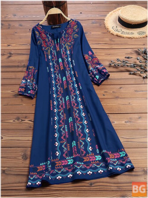 Vintage Printed Sleeve Dress for Women