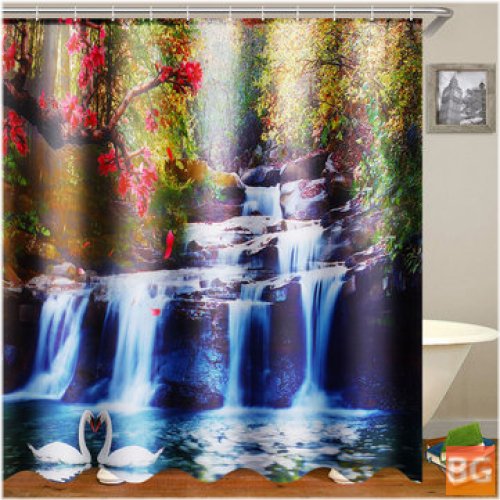 Swans Flowers Waterproof Shower Curtain with C-Type Hooks
