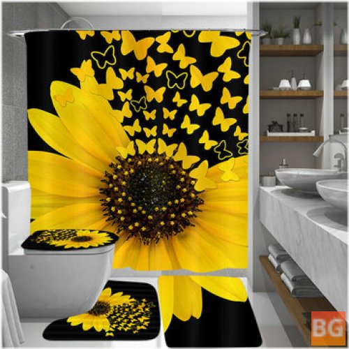 Sunflower Butterfly Print Waterproof Bathroom Shower Curtain Toilet Cover Mattress Set