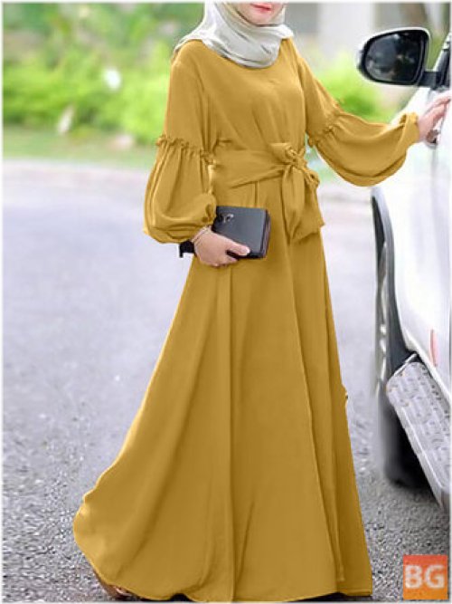 Women's Solid Color Belted O-Neck Button Maxi Dress