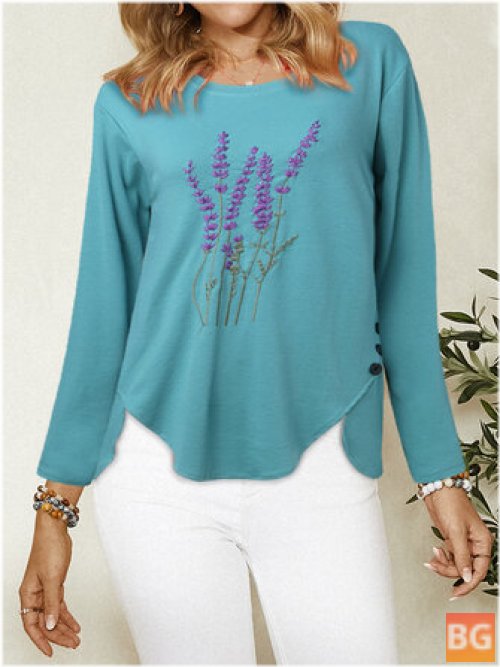 Embroidery O-Neck Button Blouse with Lavender Thread