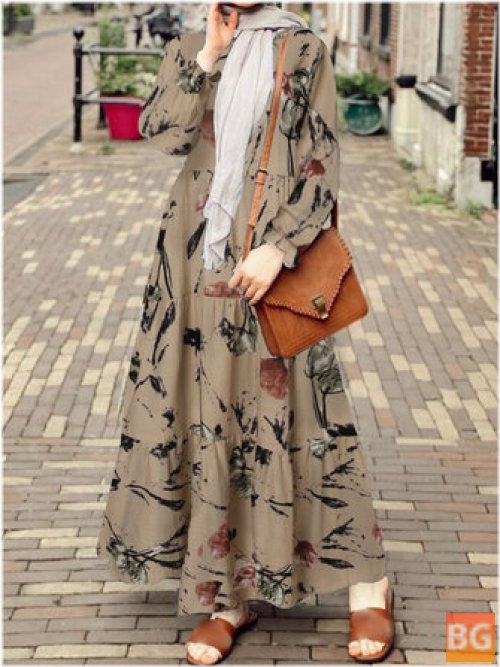 Women's Retro Floral Printing Puff Sleeve O-Neck Casual Holiday Maxi Dress