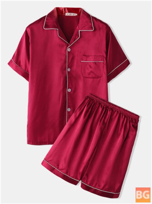 Pajamas Sets for Men - Plain Home Lapel Collar Satin Sleepwear Tops