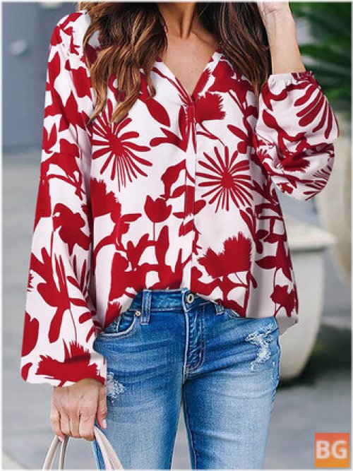 V Neck Blouse with a Printed Pattern
