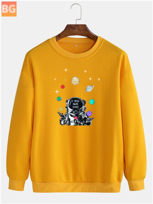 Round Neck T-Shirt with Cartoon Astronaut and Planet Print