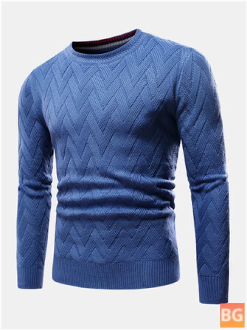 Chevron Knitted Solid Color Crew Neck Sweater