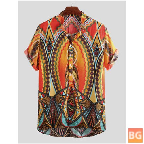 Summer Stand Collar Ethnic Printed Henley Shirt