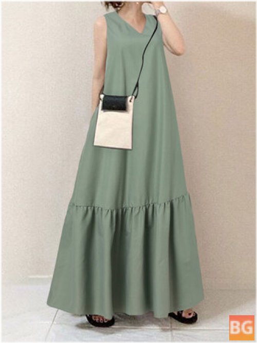 Ruffled V-Neck Maxi Dress with Pocket