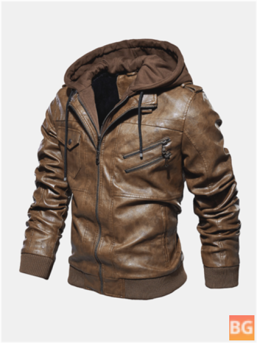PU Hooded Jacket with Zipper Pocket - Warm and Thickened
